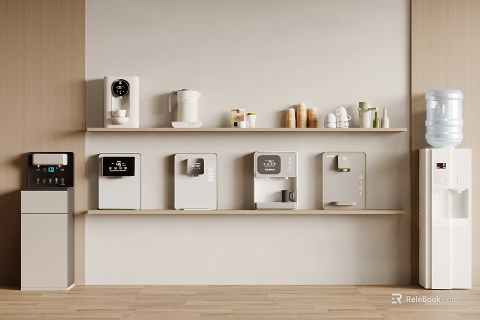 Modern Open Concept Kitchen With White Daily Electrical Appliances On Wooden Shelves 3d model 