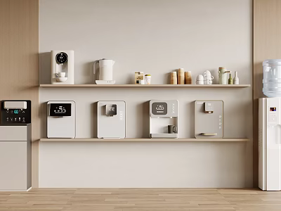 Modern Open Concept Kitchen With White Daily Electrical Appliances On Wooden Shelves 3d model