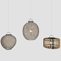 Three Natural Woven Pendant Lights With Different Shapes Hanging On White Background