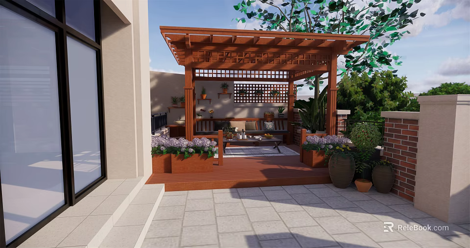 Wooden Pergola in Outdoor Patio with Stone Tiles Flower Pots and Green Plants 3d model 