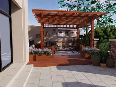Wooden Pergola in Outdoor Patio with Stone Tiles Flower Pots and Green Plants 3d model