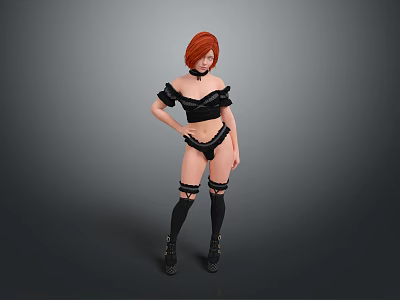 Red haired woman in black off-shoulder top black shorts thigh-high socks boots against gray background 3d model