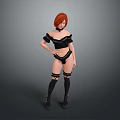 Red haired woman in black off-shoulder top black shorts thigh-high socks boots against gray background