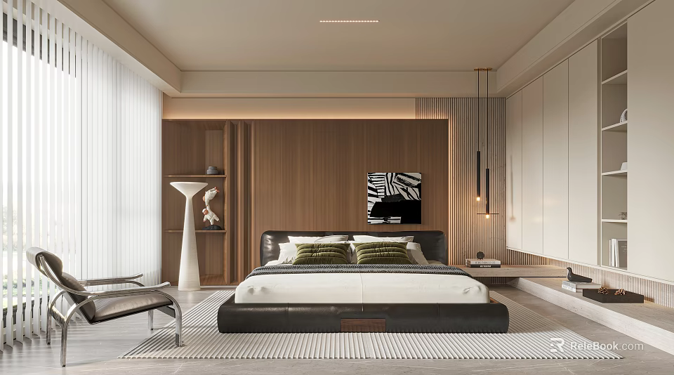 Minimalist Modern Bedroom Interior Design With Black Headboard Green Cushions Wooden Wall And White Curtains 3d model 