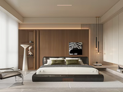 Minimalist Modern Bedroom Interior Design With Black Headboard Green Cushions Wooden Wall And White Curtains 3d model