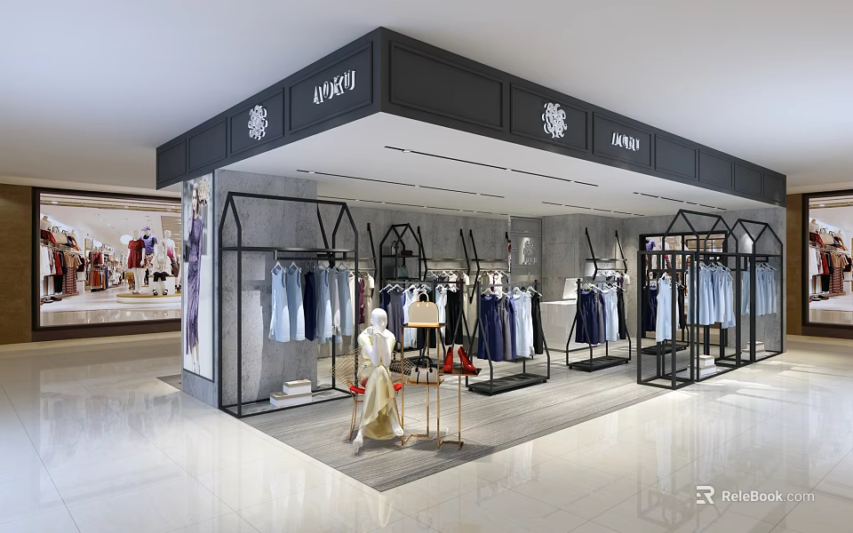 Modern Clothing Store Interior With Clothing Racks Mannequin And Fashionable Apparel 3d model 