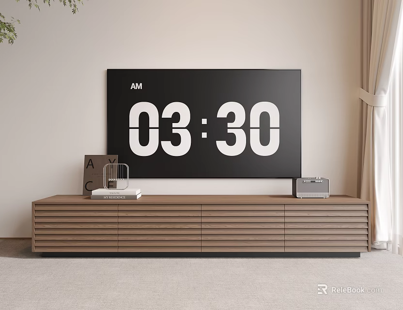 Wooden Horizontal Striped TV Stand With TV Screen Time Display Letter Decorations Book And Radio 3d model 