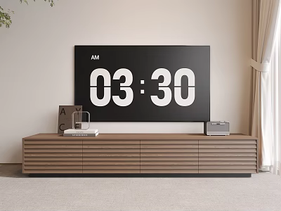 Wooden Horizontal Striped TV Stand With TV Screen Time Display Letter Decorations Book And Radio 3d model