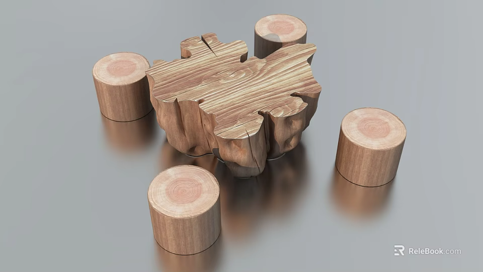 Natural Wooden Root Carving Tea Table With Handcrafted Design And Round Stools 3d model