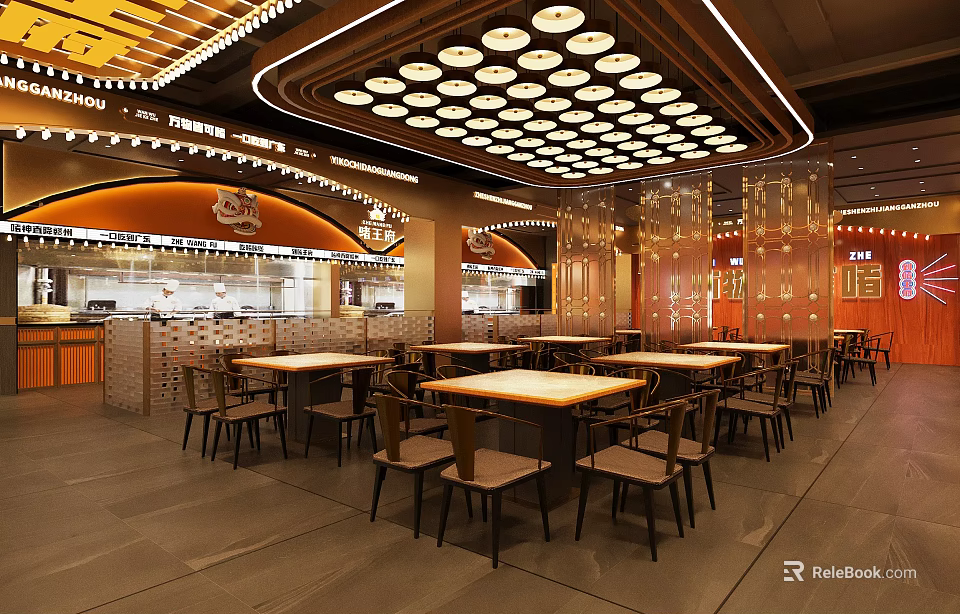 Modern Restaurant Interior With Dining Tables Chairs And Hanging Pendant Lights 3d model 