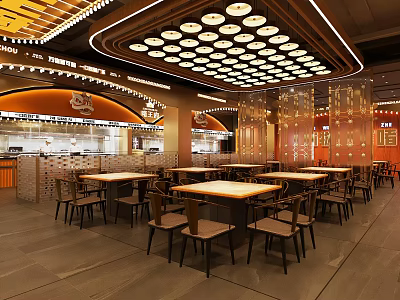 Modern Restaurant Interior With Dining Tables Chairs And Hanging Pendant Lights 3d model