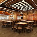 Modern Restaurant Interior With Dining Tables Chairs And Hanging Pendant Lights