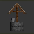 Traditional Well Structure With Wooden Shingle Roof Stone Base And Bucket