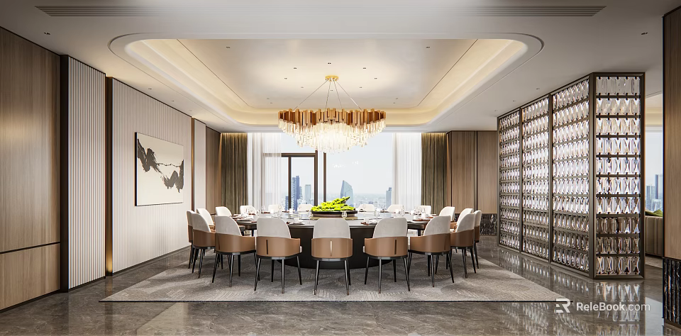 Elegant Private Dining Room With Round Table Comfortable Chairs Chandelier And City View 3d model 