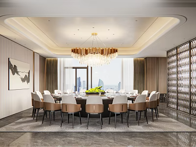 Elegant Private Dining Room With Round Table Comfortable Chairs Chandelier And City View 3d model