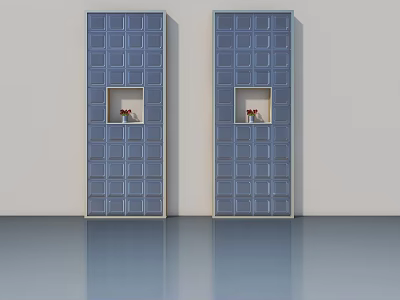 Blue Hinged Doors With Square Panel Design And Small Window In Modern Interior 3d model