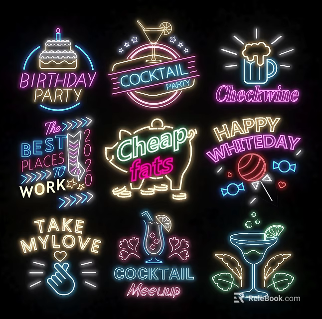 Colorful Neon Decorative Lights With Party Themes And Cocktail Motifs For Events 3d model 