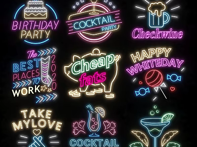 Colorful Neon Decorative Lights With Party Themes And Cocktail Motifs For Events 3d model