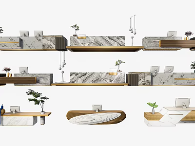 Modern Various Shaped Reception Desk Design With Marble Countertop Wooden Elements Plants And Computers 3d model