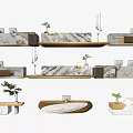 Modern Various Shaped Reception Desk Design With Marble Countertop Wooden Elements Plants And Computers 3d model