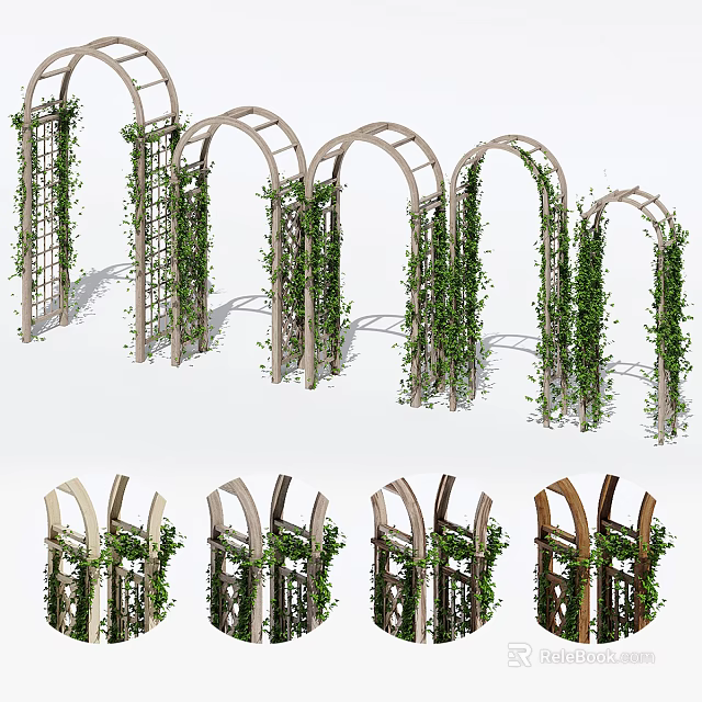 Decorative Garden Arches With Lush Climbing Vines And Wooden Trellis Frames 3d model 