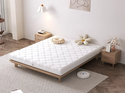 Cozy Bedroom Interior With White Quilted Mattress Wooden Bed Frame Nightstands And Flower Pillows 3d model