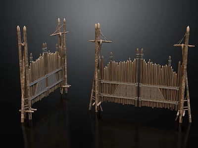 Ancient Wooden Gates With Pointed Top Decorations And Crossed Slat Structure On Black Background 3d model