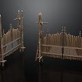Ancient Wooden Gates With Pointed Top Decorations And Crossed Slat Structure On Black Background