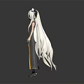 Game Movie Character with Long White Hair White Top Yellow Skirt Black Yellow Coat Headwear