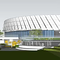 Modern Sales Office Building With Curved Glass Curtain Wall And Green Landscaping