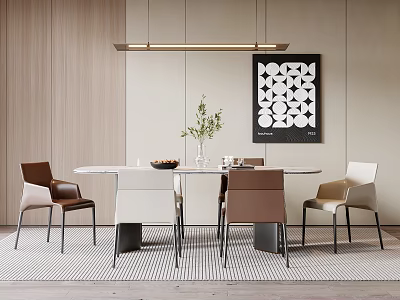 Modern Round Dining Table Set With Upholstered Chairs Decorative Painting And Pendant Light 3d model