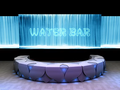 Water Bar Design with Circular Petal Shaped Counter and Blue Waterfall Backdrop 3d model