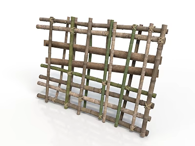 Handmade Wooden Bamboo Lattice Structure with Green Sticks and Rope Binding 3d model