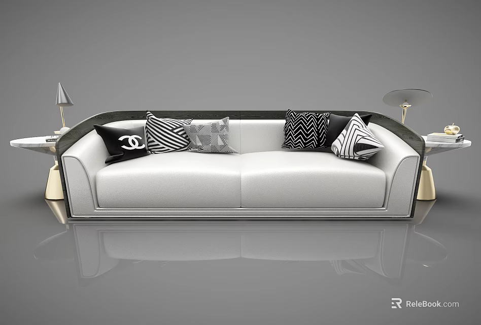 Elegant Modern Two Seater Sofa With White Leather Black Accents Patterned Pillows And Lamps 3d model 
