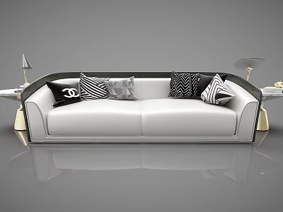 Elegant Modern Two Seater Sofa With White Leather Black Accents Patterned Pillows And Lamps 3d model