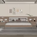 Modern Minimalist Bedroom Interior With Wooden Bed Framed Art And Textured Rug