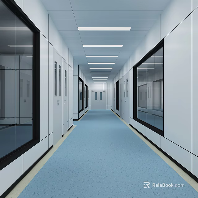 Modern Elevator Corridor With White Walls Blue Floor And Ceiling Lights 3d model