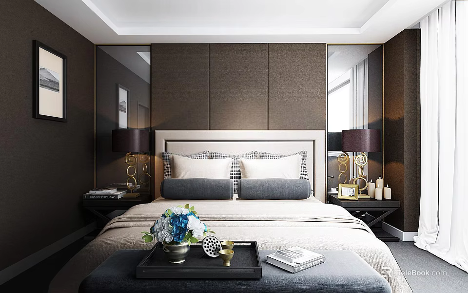 Modern Bedroom Interior With Double Bed Headboard Wall Nightstands Table Lamps And Vase 3d model 