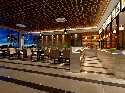 Modern Restaurant Interior With Grid Ceiling Pendant Lights Tables Chairs And Marble Flooring 3d model