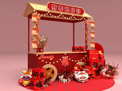 Chinese New Year Festive Stall With Red Decorations Lanterns Fortune Characters And Lion Dance Ornaments 3d model
