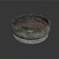 Round Traditional Stone Flower Pot With Carved Patterns And Soil Inside 3d model