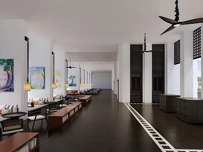 Spacious Front Desk Reception Area With Long Tables Chairs Pendant Lights Paintings White Columns And Dark Flooring 3d model