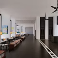 Spacious Front Desk Reception Area With Long Tables Chairs Pendant Lights Paintings White Columns And Dark Flooring