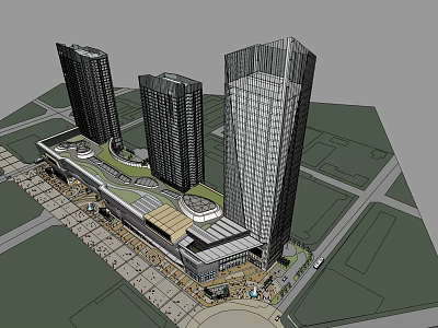 Modern Hotel Building with Tall Skyscrapers and Surrounding Plaza Area 3d model