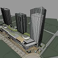 Modern Hotel Building with Tall Skyscrapers and Surrounding Plaza Area