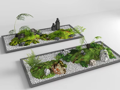 Miniature Garden Decorative Trays With Moss Ferns Pebbles And Rock Formations 3d model