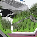 Modern Garden Landscape Design With Stone Pathway Purple Flowers And Illuminated Trees