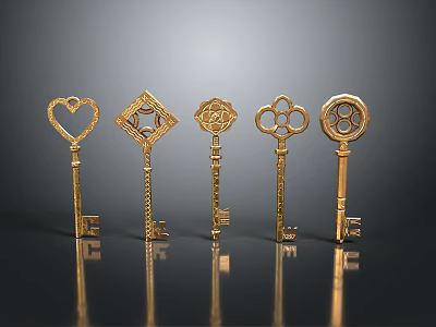 Golden Decorative Keys with Heart Diamond Flower Patterns on Dark Reflective Background 3d model