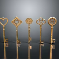 Golden Decorative Keys with Heart Diamond Flower Patterns on Dark Reflective Background