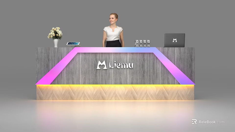 Modern Miemu Reception Desk with White Flower Vase Tablet Laptop and Illuminated Purple Pink Lighting 3d model 
